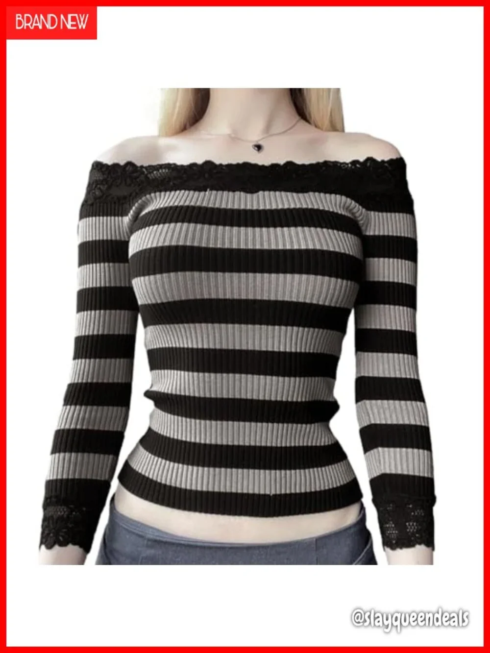 Off Shoulder Crop Top Y2K Long Sleeve Lace Trim Ribbed Knit Stripe Slim Fit